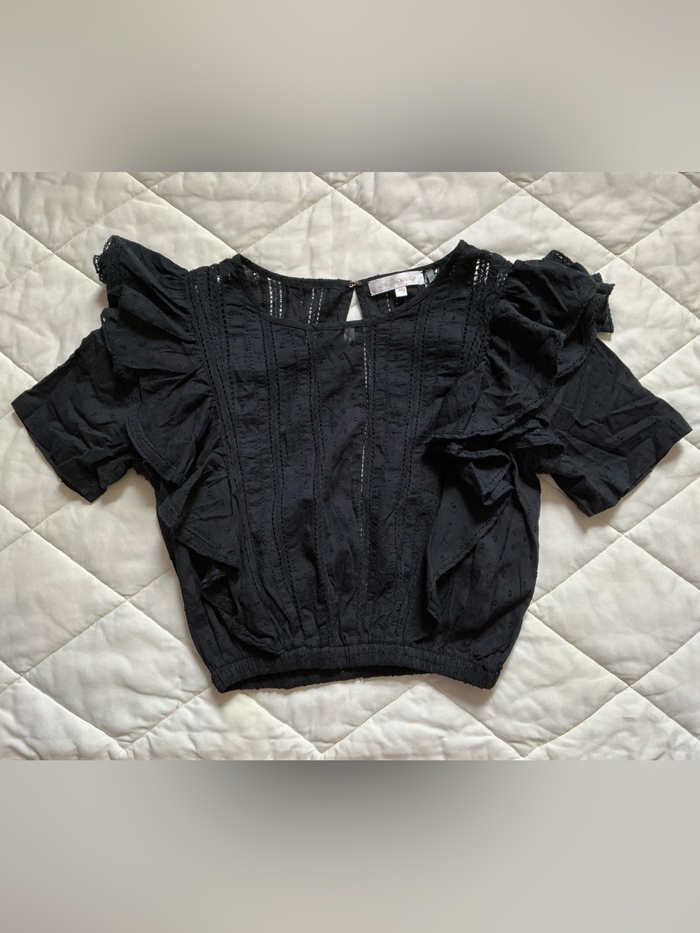 LoveShackFancy Size XS Black Ruffled Eyelet Short Sleeve Top